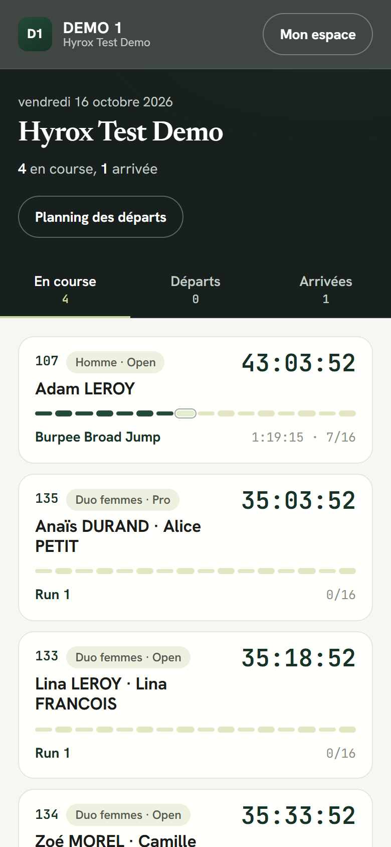 Page Live sur téléphone : athlètes en course avec chrono, segment en cours et progression