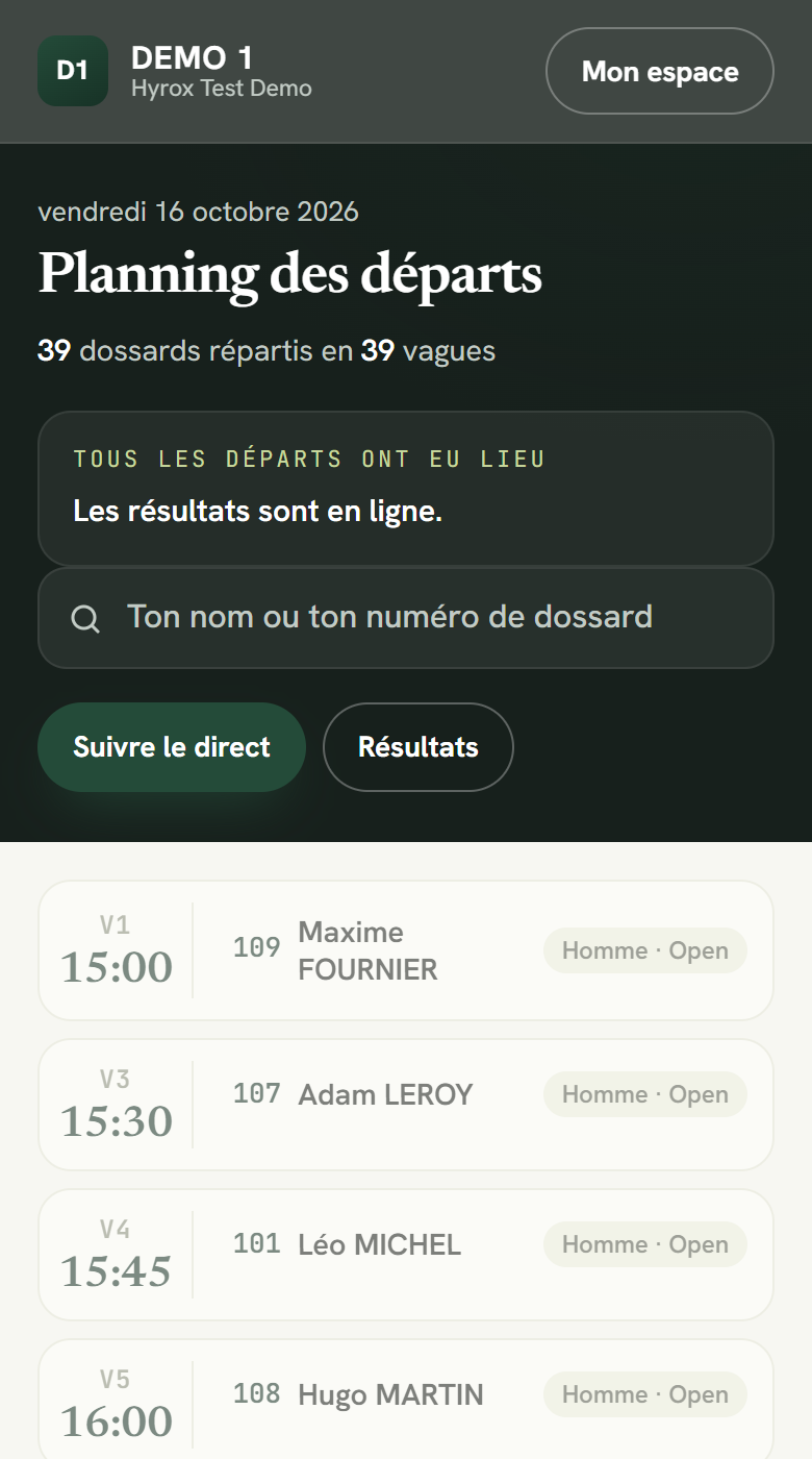 Planning des départs public sur téléphone : vagues, heures, dossards et noms